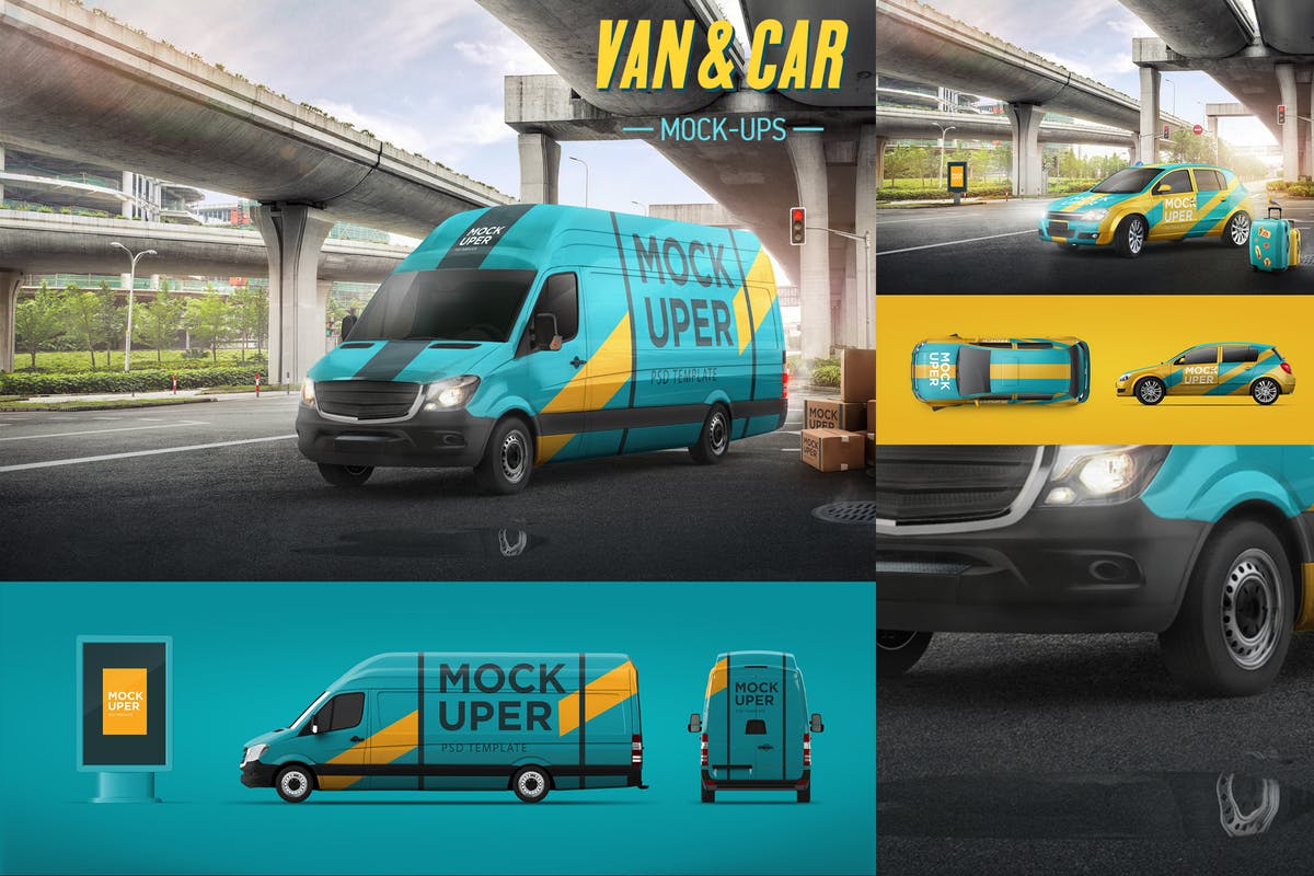 小货车&汽车车身广告设计效果图样机素材库精选模板 Van & Car Mock-Ups (2 PSD)插图