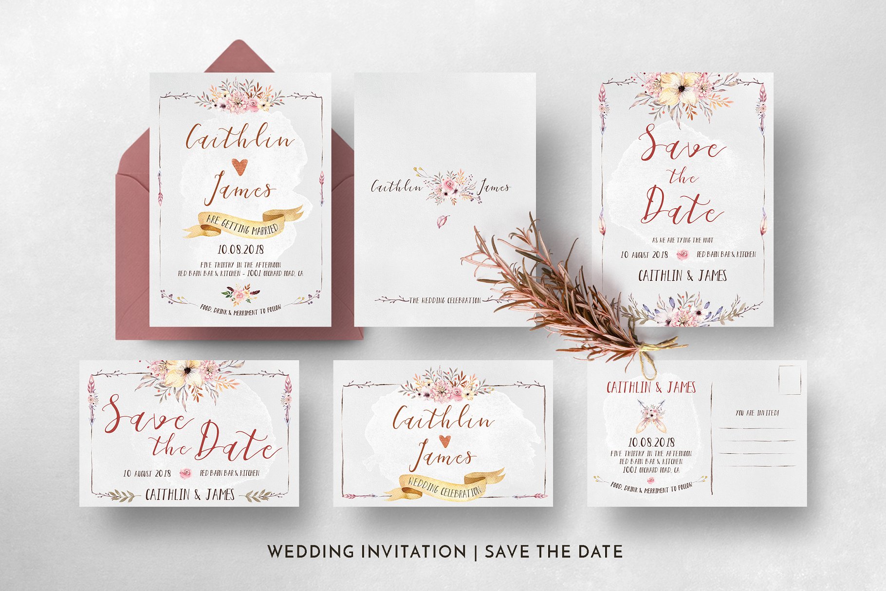 波希米亚水彩花卉婚礼设计物料模板 Boho Flower Wedding Suite插图(4)