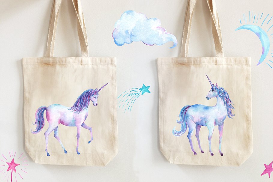 粉紫彩虹色调彩手绘独角兽插图 Pink and Purple Unicorns插图(5)