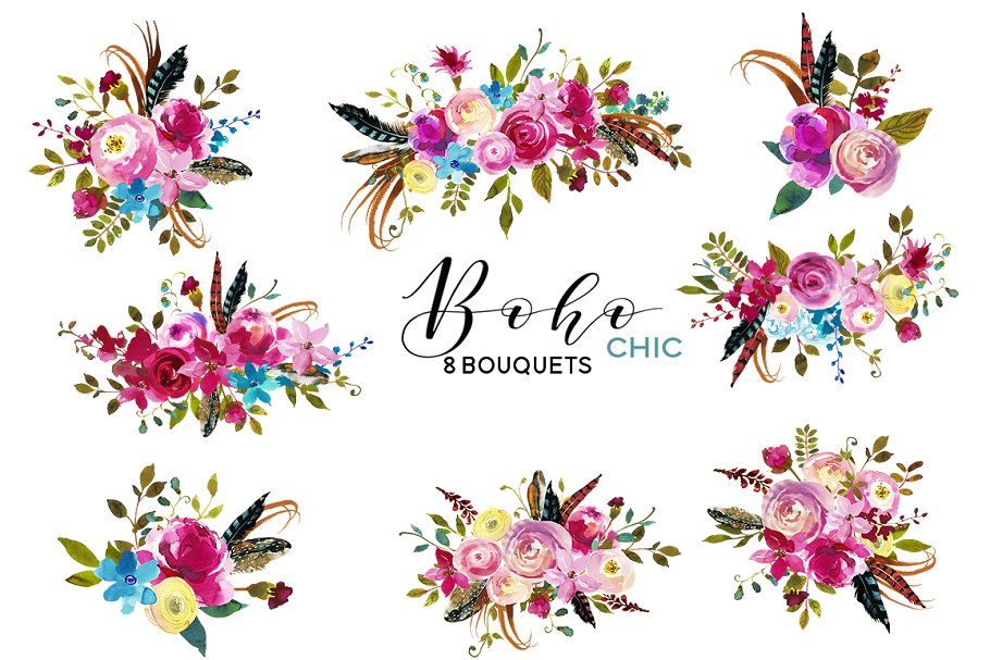 波希米亚风粉红色水彩花卉剪贴画 Boho Chic Pink Watercolor Flowers插图(1)