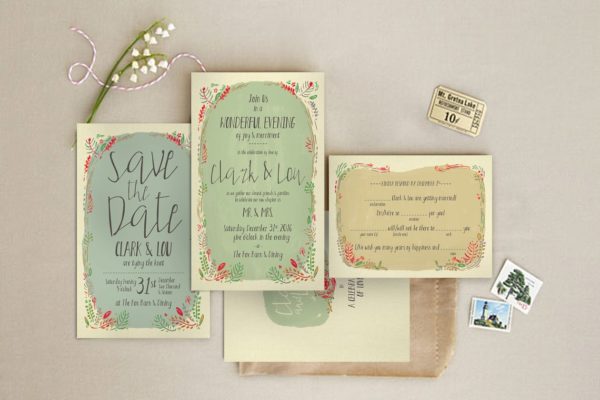 花环装饰风格婚礼邀请函设计素材 Wreath Illustration Wedding Suite