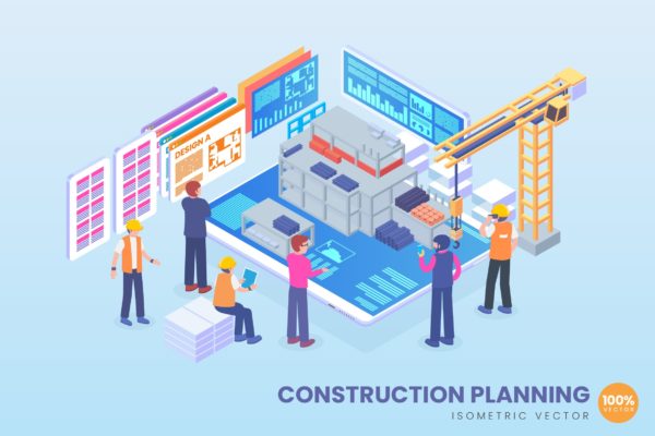 施工规划主题等距概念矢量插画素材 Isometric Construction Planning Vector Concept