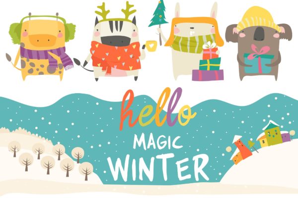 冬季主题可爱卡通动物手绘矢量插画素材 Vector set of cute animals with winter theme
