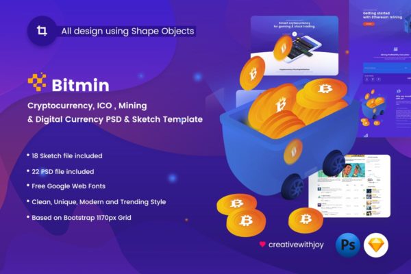 比特币加密货币主题网站PSD＆Sketch模板 BITMIN – ICO, Mining PSD &amp; Sketch Template