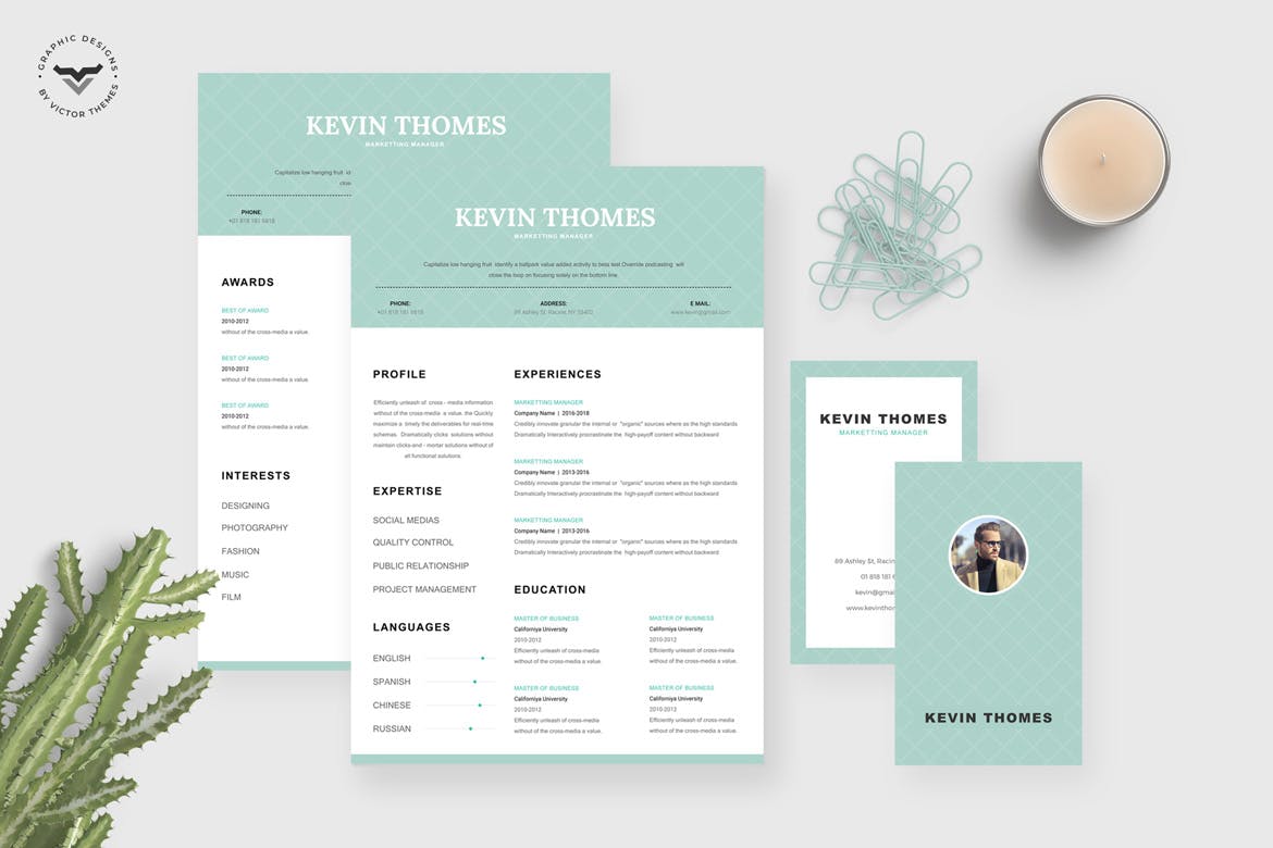 简约设计风格市场营销经理介绍信&简历&名片设计模板 Marketing CV Template插图(1)