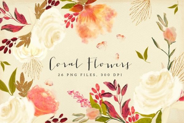 珊瑚花水彩剪贴画 Coral Flowers