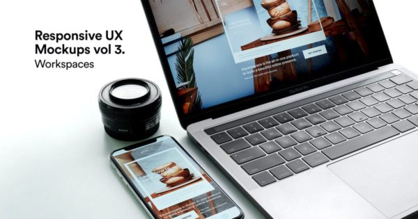 响应式网站设计预览MacBook &amp; iPhone X样机模板v2 Responsive Mockup Macbook Touch Bar iPhone X Vol 2