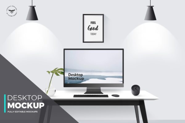 工作室办公桌一体机电脑屏幕预览素材库精选样机 Desktop Mockups with Table