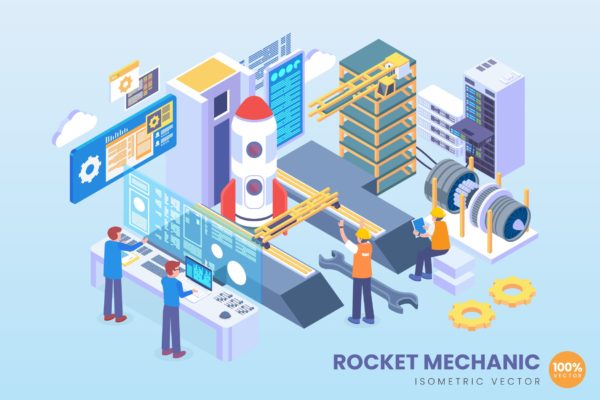 航天火箭研发中心场景等距矢量素材库精选概念插画素材 Isometric Rocket Mechanic Vector Concept