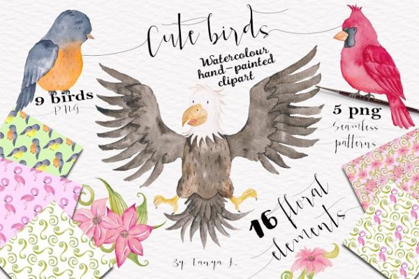 可爱鸟类小鸟水彩剪贴画 Cute Birds Watercolor Set