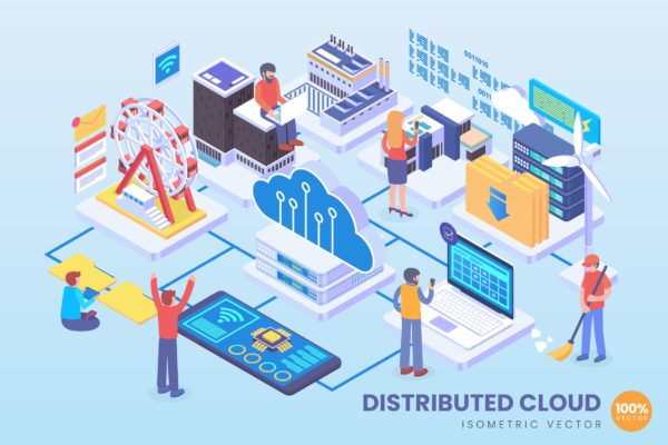 分布式云技术等距矢量素材库精选科技概念插画 Isometric Distributed Cloud Technology Vector