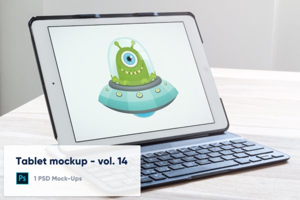 便捷键盘保护套平板电脑屏幕展示素材库精选样机模板v14 Tablet in Keyboard Case on Desk Mockup – Vol. 14