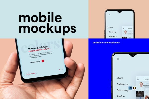滴水屏智能手机屏幕预览样机模板 Mobile Mockups