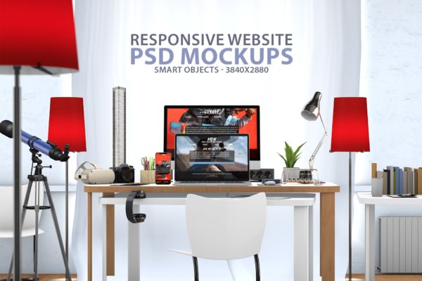 创意办公桌面响应式设计效果图预览素材库精选样机 Responsive Website PSD Mock-up Desk