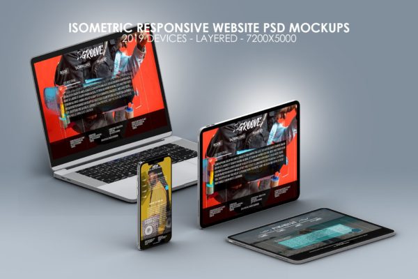 超高分辨率等距多设备响应式设计预览样机PSD模板 Isometric Multi-Device PSD Mock-ups 2019