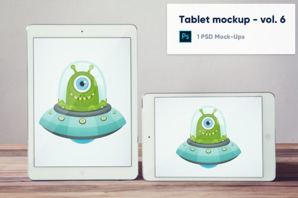 横版&amp;竖版平板电脑屏幕演示素材库精选样机v6 Tablets on Wooden Desk Mockup – Vol. 6