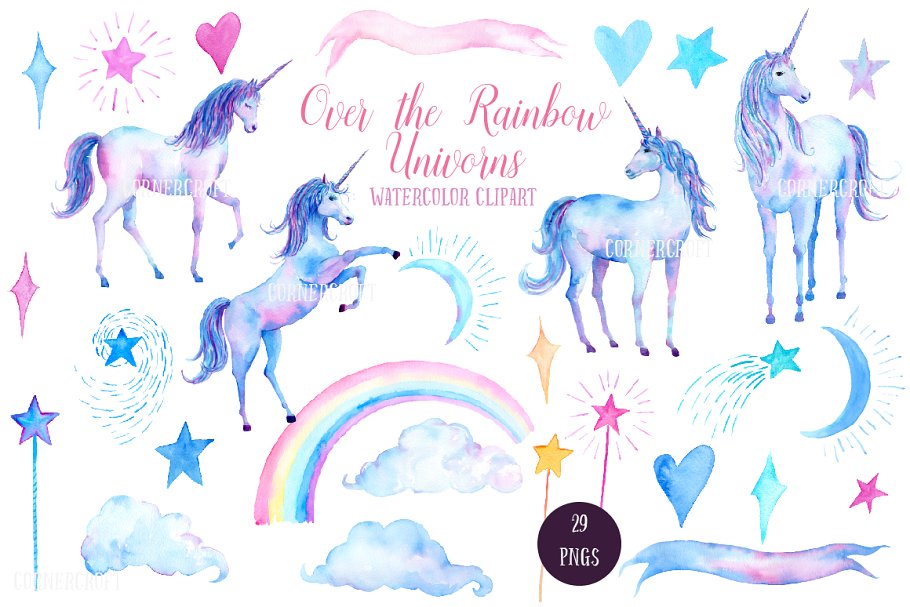 粉紫彩虹色调彩手绘独角兽插图 Pink and Purple Unicorns插图(1)