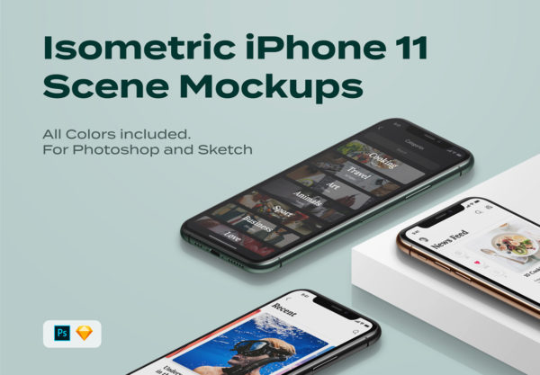 素材库下午茶：等距iPhone 11 pro场景展示样机