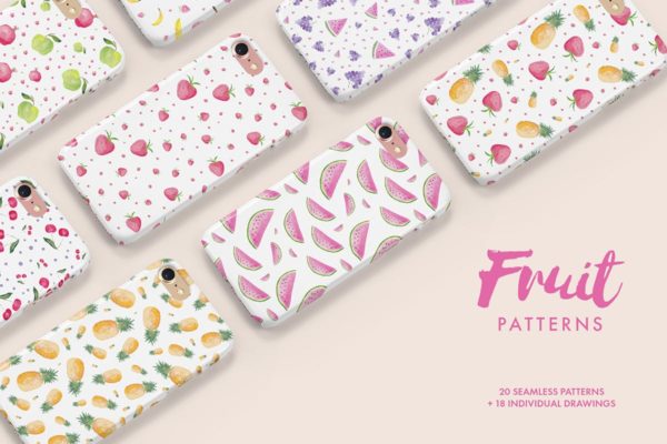 手绘水彩水果插图纹理套装 Watercolor Fruit Patterns