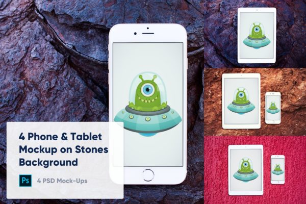 石头背景平板电脑&amp;手机素材库精选样机模板 4 Tablet &amp; Phone Mockup on Stone Background