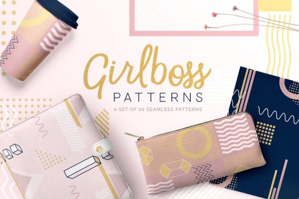 女性孟菲斯风格图形纹理背景 Girlboss Memphis Style Patterns