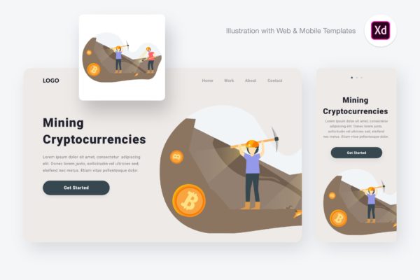 加密货币挖矿主题概念插画设计素材[XD&amp;SVG] Mining Cryptocurrencies Illustration (XD &amp; SVG)