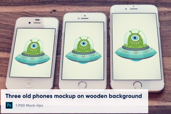 经典实体按键版本iPhone手机屏幕演示素材库精选样机 3 old phones mockup on wooden background