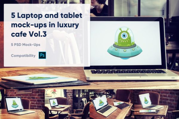 咖啡厅场景笔记本电脑&amp;平板电脑屏幕预览素材库精选样机v3 5 Laptop and tablet mock-ups in cafe Vol. 3