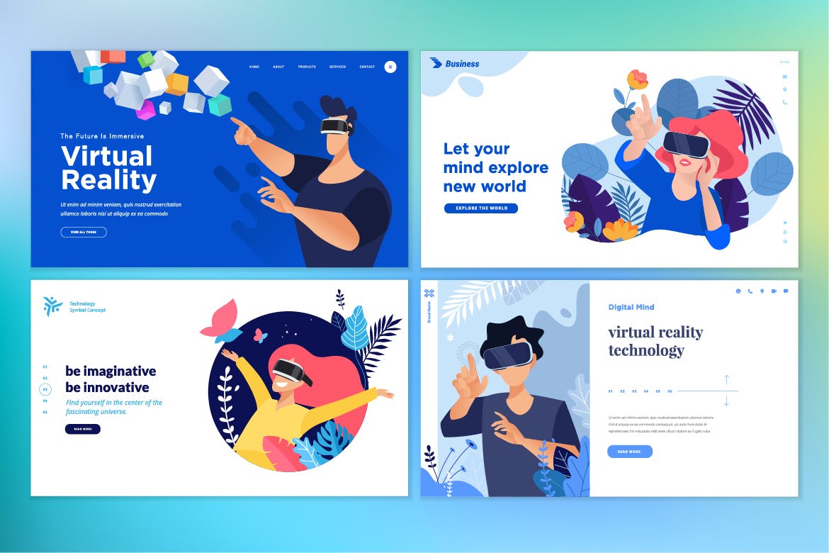 VR虚拟现实主题网站设计概念插画v6 Web design templates of virtual reality插图(1)