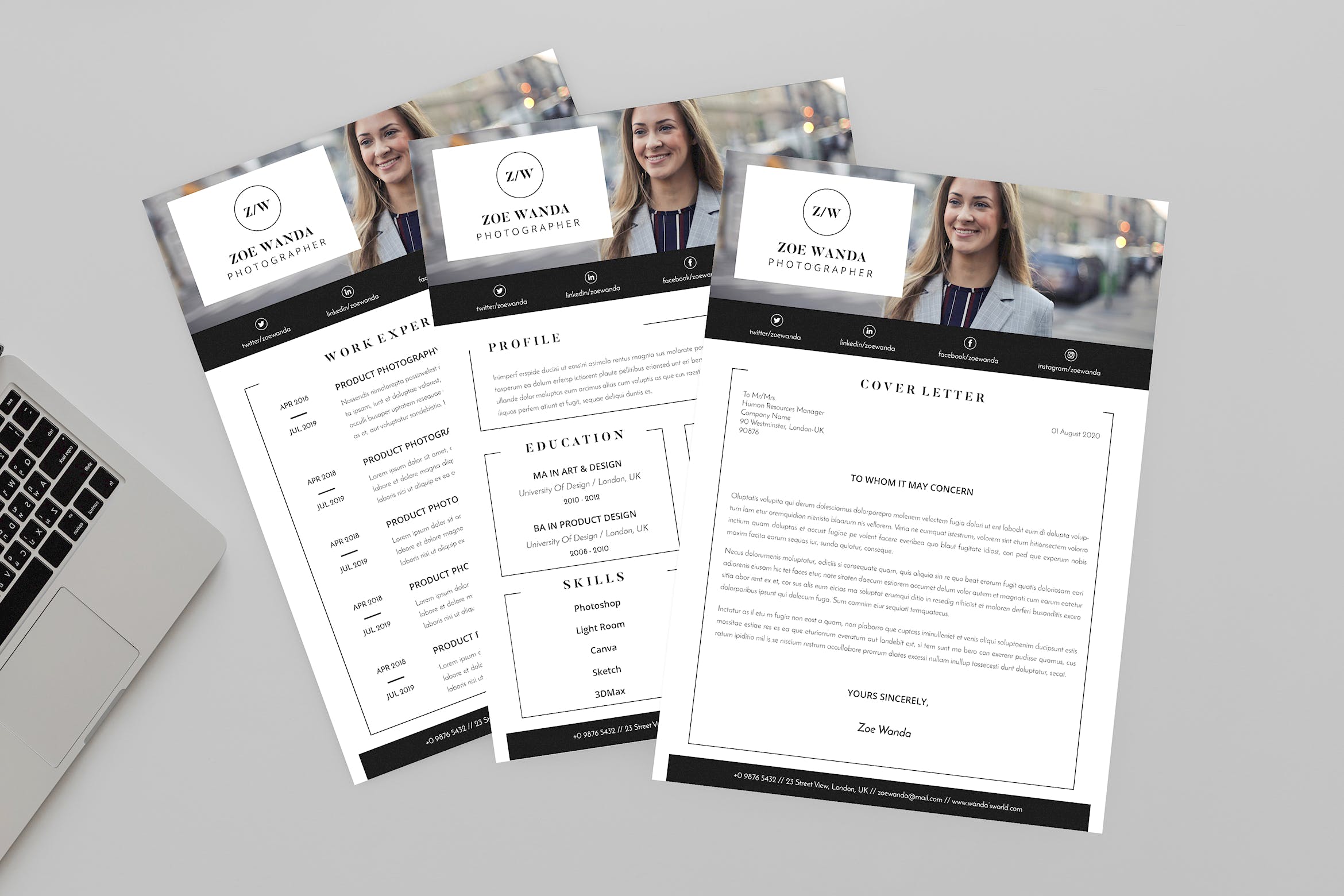 摄影师简历排版设计模板 Zoe Photographer Resume Designer插图