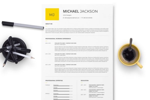 极简设计风格个人电子简历&amp;介绍信设计模板 Minimal Resume And Cover Letter With Yellow Acsen