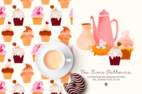 下午茶时光主题点心甜点手绘图案无缝背景素材 Tea Time Patterns