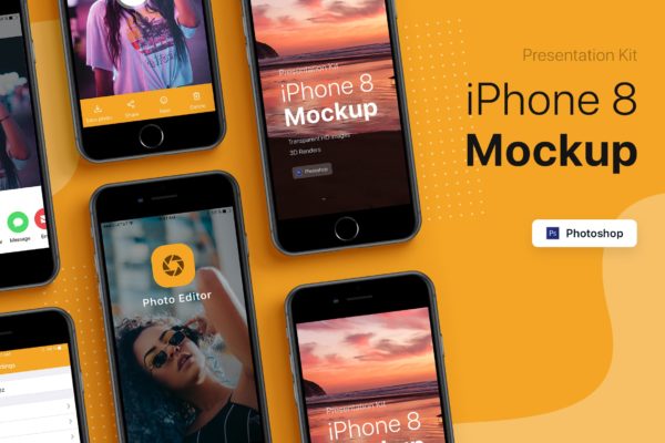 APP界面设计截图预览iPhone 8手机样机模板v2 Presentation Kit – iPhone showcase Mockup