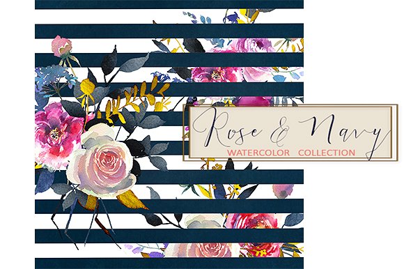 紫色海军风花卉间条纹理 Purple & Navy Floral Stripped Paper插图(3)