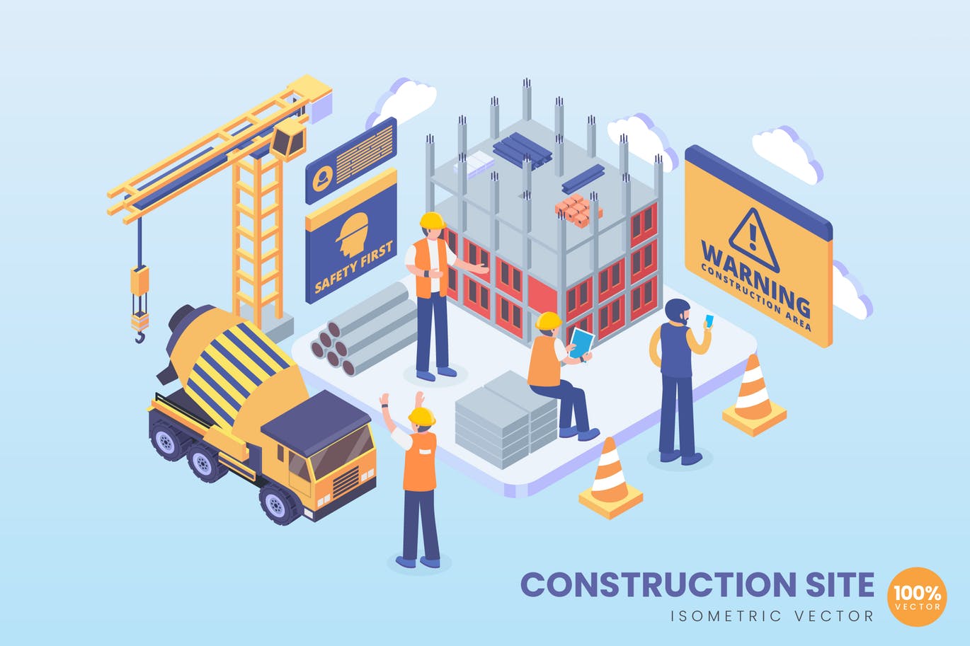 施工场地场景等距矢量插画素材v1 Isometric Under Construction Site Vector Concept插图