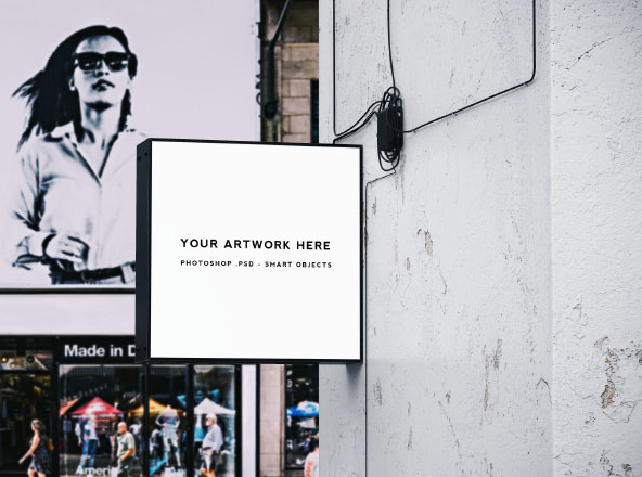 方形灯箱广告牌/店招效果图样机模板 Square Shop Sign Mockup