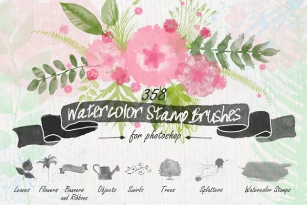 水彩花卉印章PS笔刷 Floral Watercolor PS Stamp Brushes