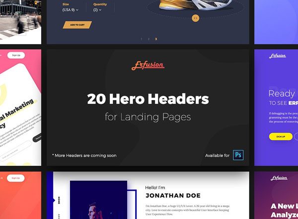 网站巨无霸 Header 模板素材库精选素材 Erfusion – 20 Hero Headers UI Kit