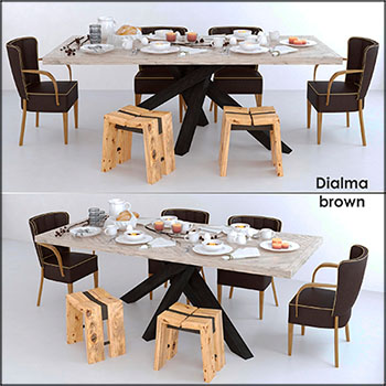 Dialma棕色餐桌餐椅套装组合素材之家精选3D模型
