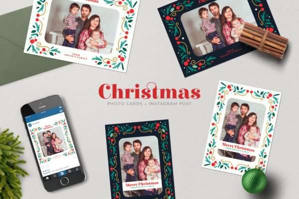 圣诞节照片明信片&amp;Instagram贴图设计模板素材库精选 Christmas PhotoCards +Instagram Post
