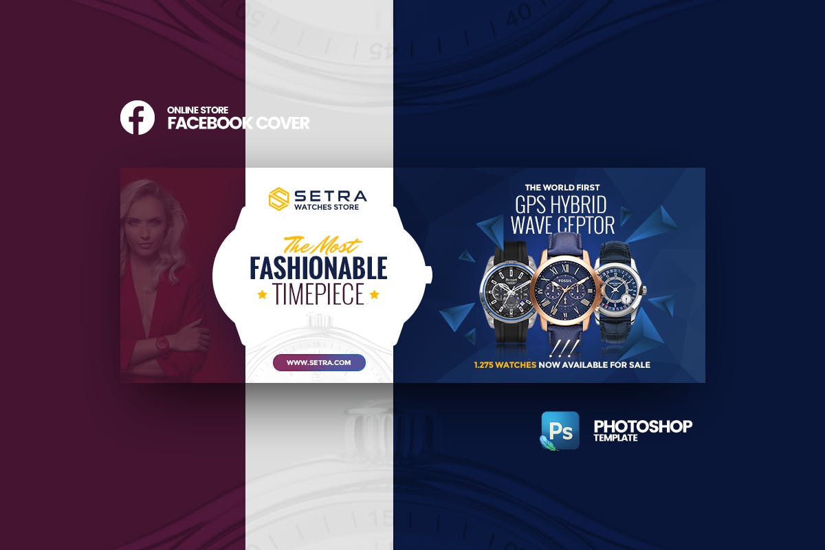 Setra-时尚手表饰品在线商店Facebook封面设计模板素材库精选 Setra – Online Store Facebook Cover Template插图