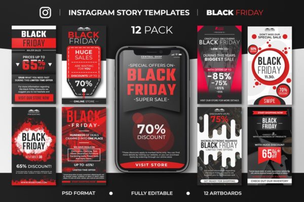 黑色星期五购物节Instagram故事促销广告模板素材库精选v2 Black Friday Instagram Story Feed Templates