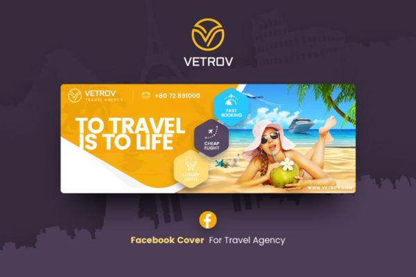 旅行社活动推广社交Banner素材库精选广告模板 Vetrov – Travel Agency Facebook Cover Template