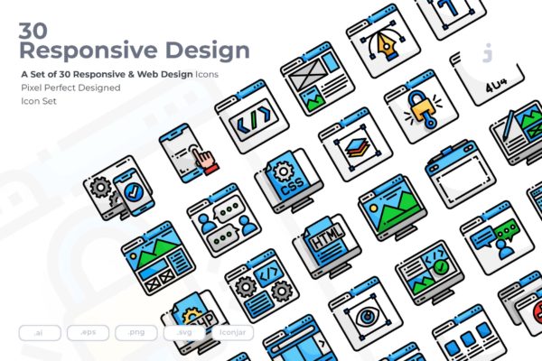 30枚彩色响应式网站设计矢量素材库精选图标 30 Responsive &amp; Web Design Icons