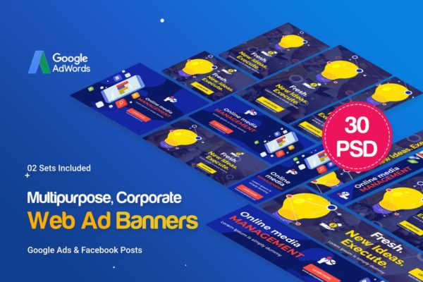 30个多尺寸多用途谷歌Banner素材库精选广告模板 Multipurpose, Business Banners Ad