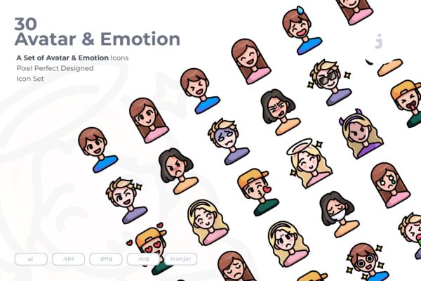 30枚彩色人物头像&amp;表情矢量素材库精选图标 30 Avatar and Emotion Icons