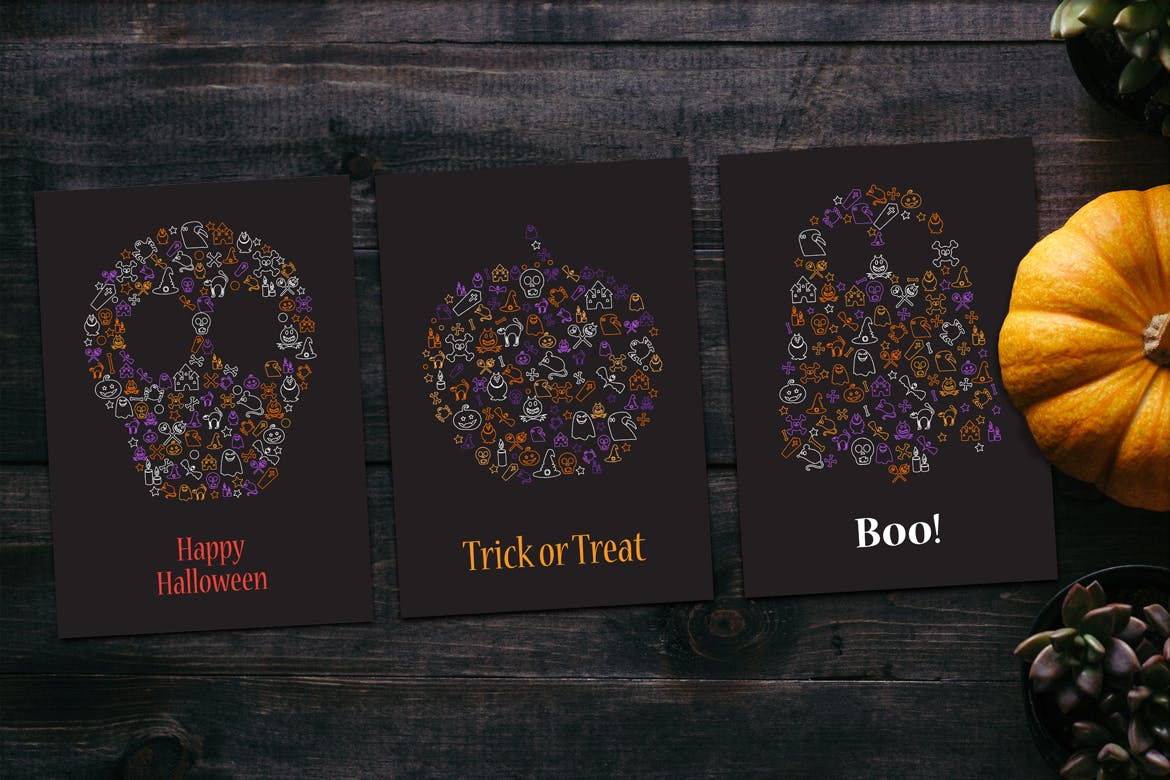 万圣节主题剪影Banner横幅设计模板 Happy Halloween Silhouette Banners Set插图(1)