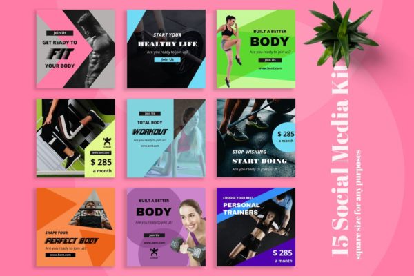 健身品牌社交媒体广告模板合集 Bent – Gym Social Media Kit