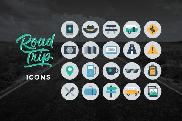 公路旅行主题圆形矢量素材库精选图标 Road Trip Icons