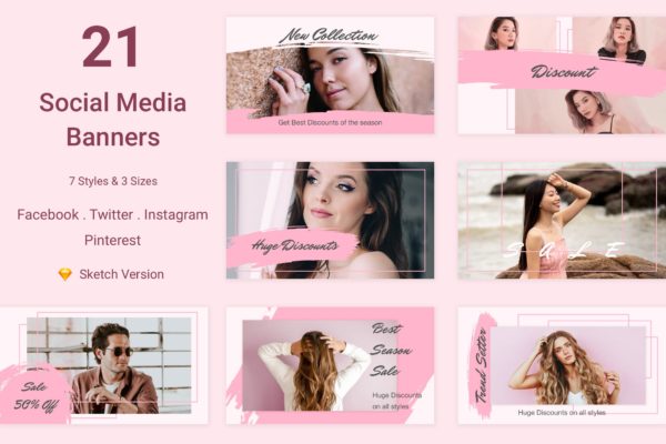21款社交自媒体广告Banner设计模板素材v6[SKETCH] 21 Social Media Banners Kit (Vol. 6) for Sketch